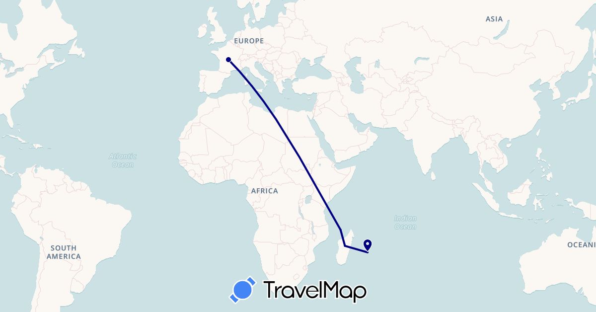 TravelMap itinerary: driving in France, Madagascar, Réunion, Mayotte (Africa, Europe)