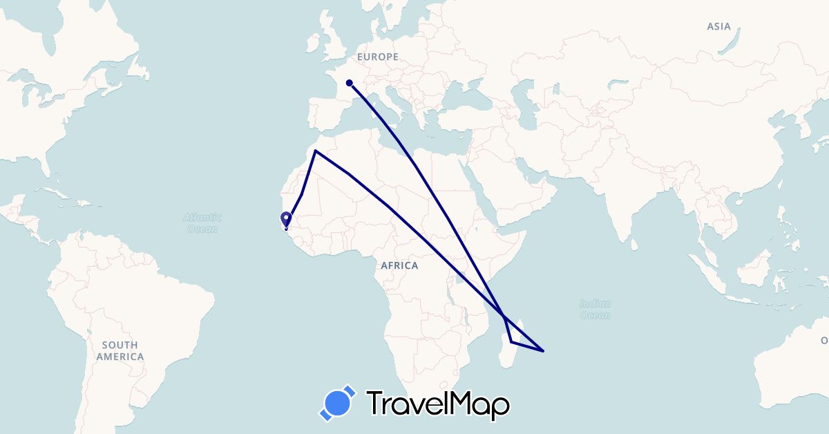 TravelMap itinerary: driving in France, Guinea-Bissau, Morocco, Madagascar, Mauritania, Réunion, Senegal, Mayotte (Africa, Europe)