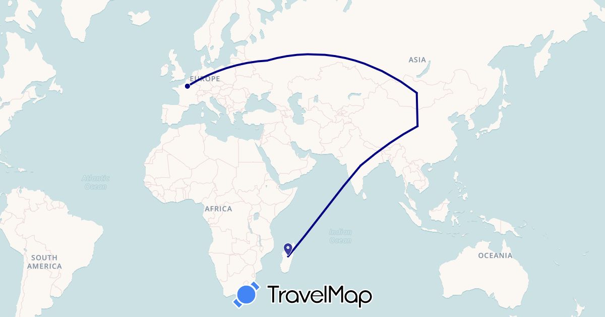 TravelMap itinerary: driving in China, France, India, Madagascar, Mongolia, Russia (Africa, Asia, Europe)